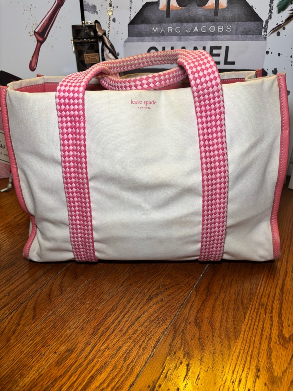 Kate Spade New York Canvas Tote Pink Woven Handles Leather Trim Large  Bag